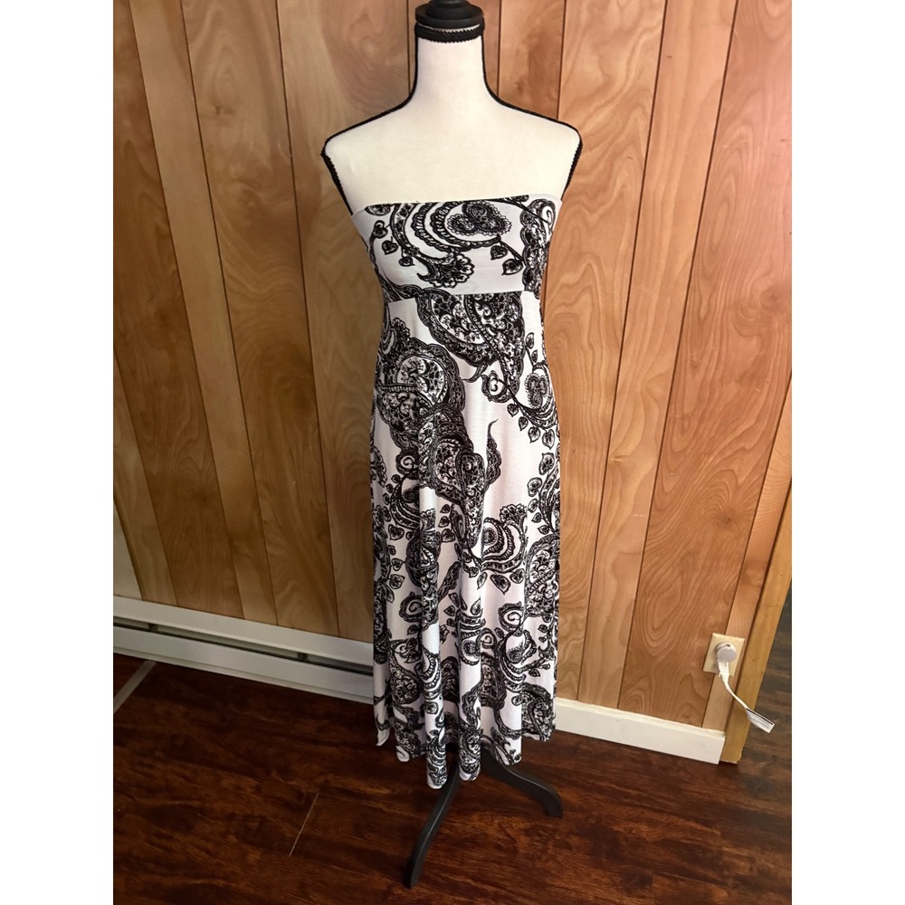 Diosa Womens Strapless Paisley Maxi Dress Black White Tube Top Jersey Knit Small